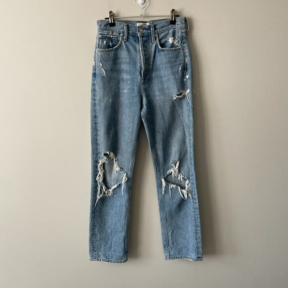 Agolde '90s Distressed Button-Fly High Rise Denim Straight Leg Jeans Blue 23 - Picture 2 of 10